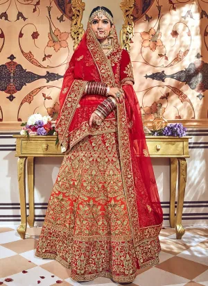 Red And Orange Velvet Hand Embroidered Lehenga Choli