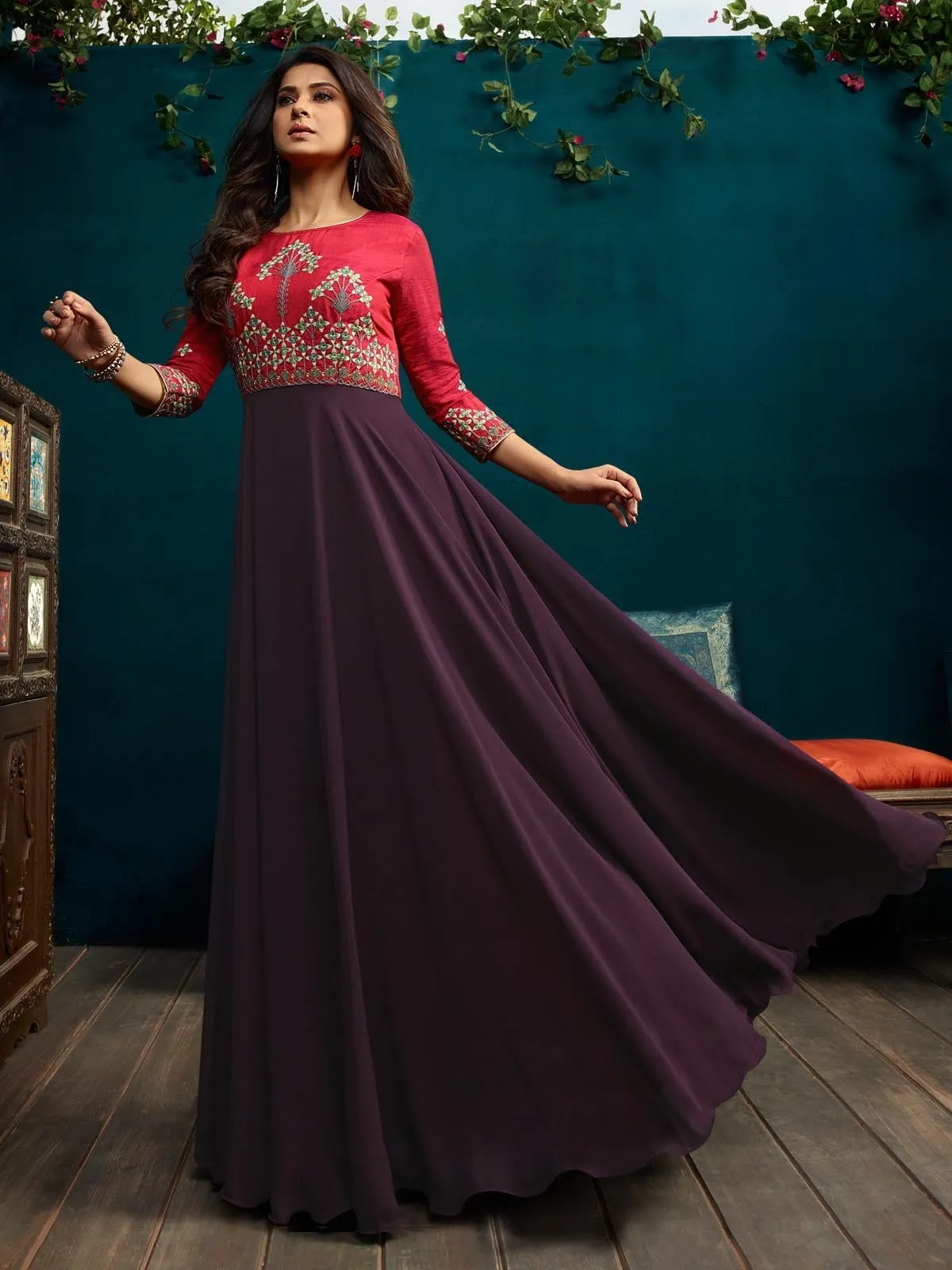 Red And Purple Minimalist Embroidered Anarkali