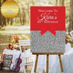 Red and silver guest book welcome sign for 50th birthday