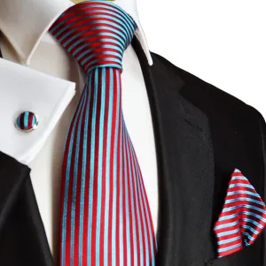 Red and Turquoise Striped Silk Necktie Set