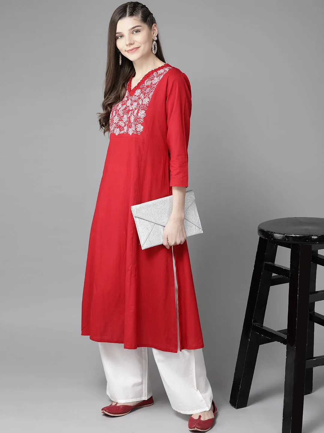 Red and white Embroidered solid kurta with palazzos