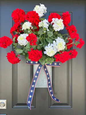 Red and White Geranium Bucket Wreath for Door