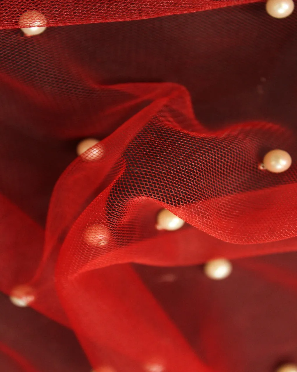 Red And White Pearl Polyester Net Embroidered Fabric