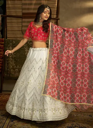 Red And White Stylish Embroidered Lehenga Choli