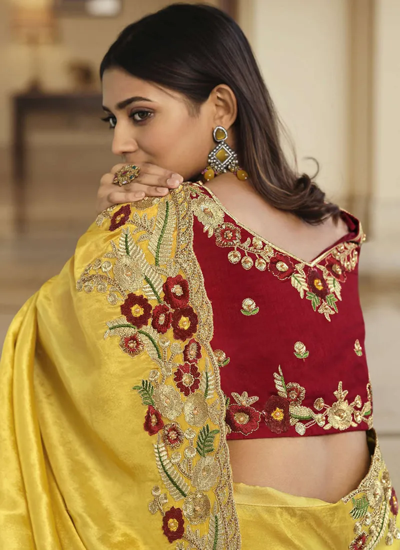 Red And Yellow Embroidered Party Wear Saree