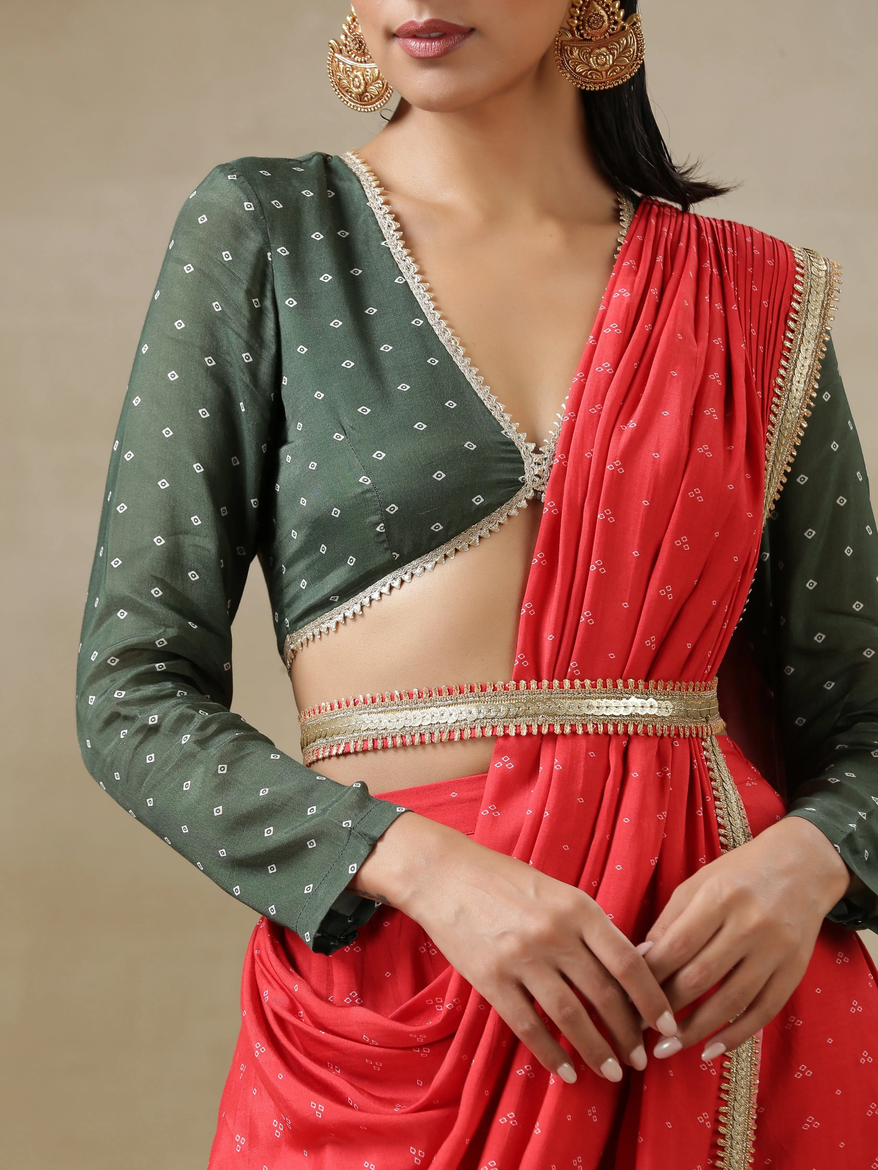 Red Bandhani Printed Silk Ready To Wear Skirt Saree with Belt