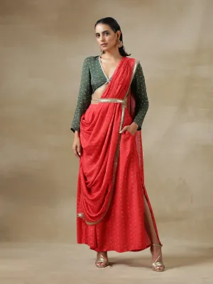 Red Bandhani Printed Silk Ready To Wear Skirt Saree with Belt