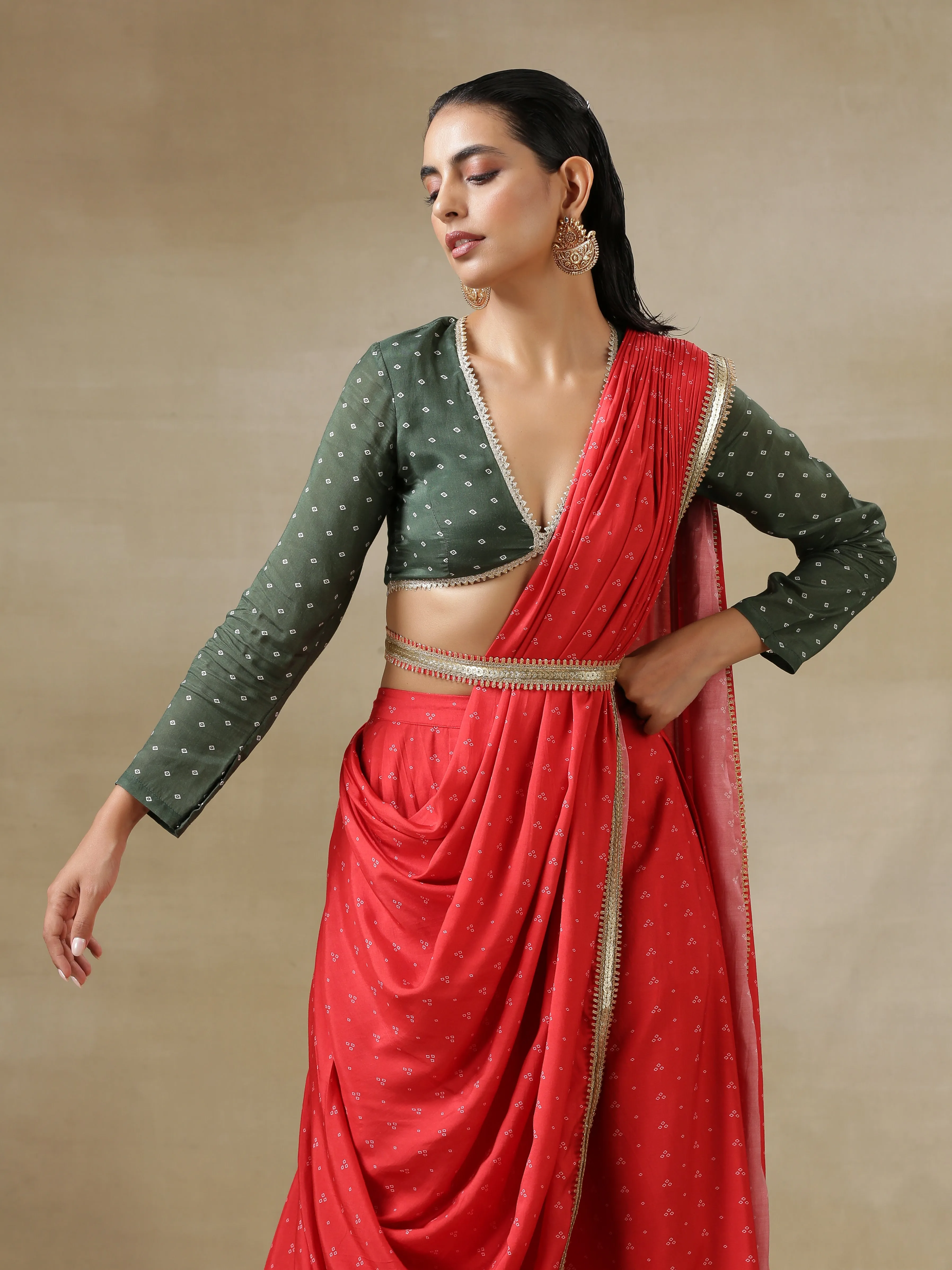 Red Bandhani Printed Silk Ready To Wear Skirt Saree with Belt