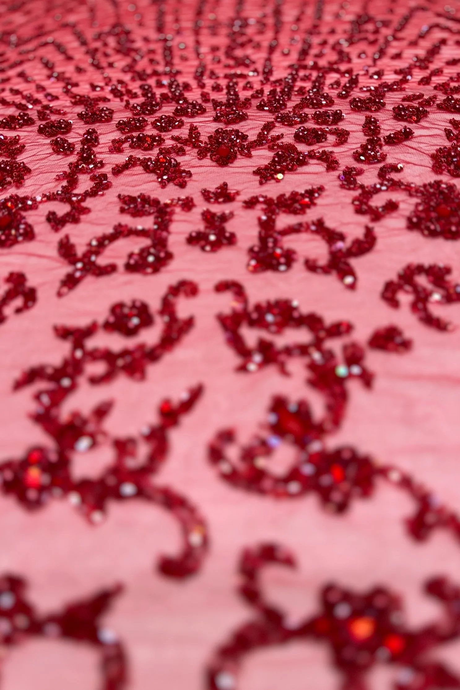 Red Beading on Red Tulle Embroidery