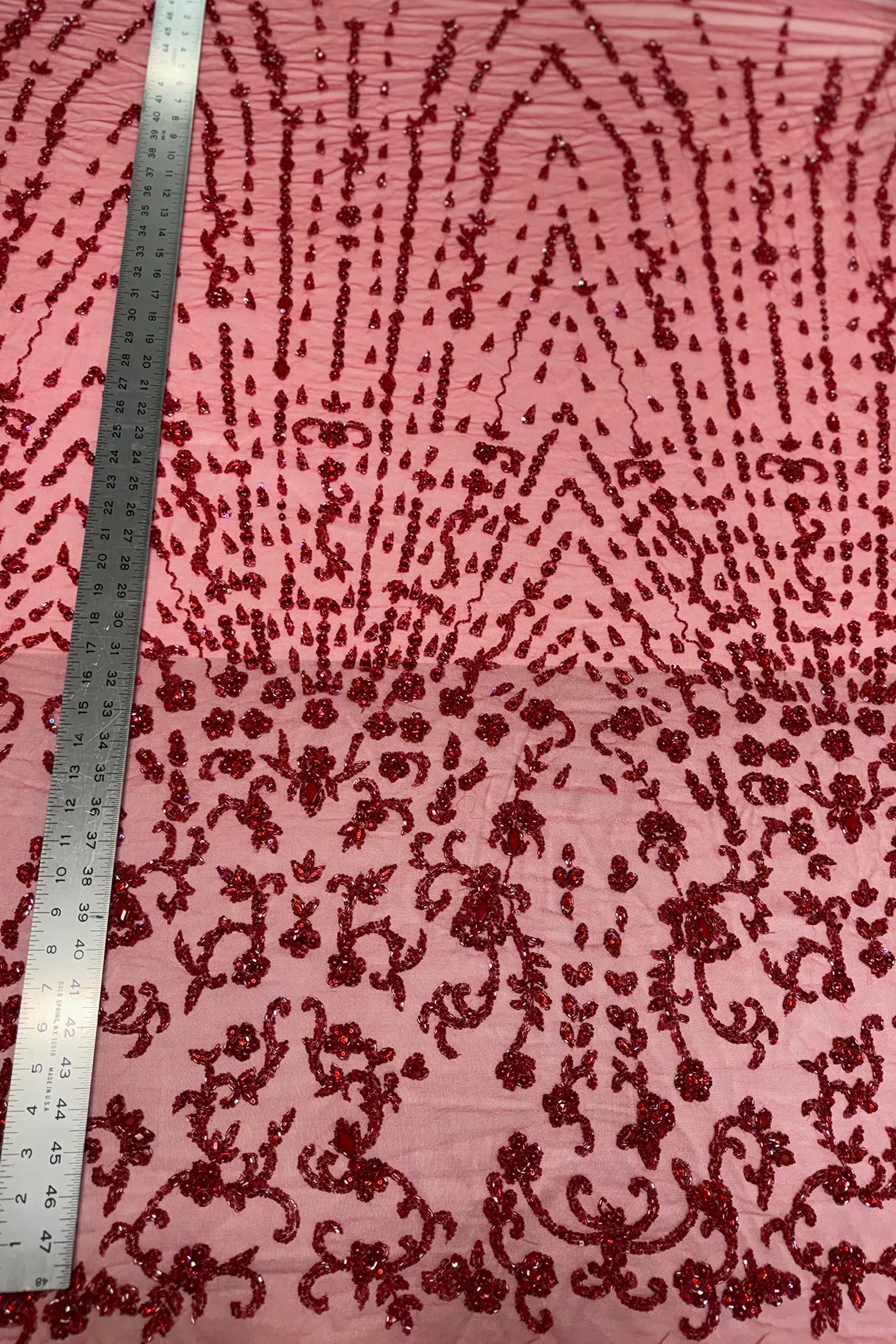 Red Beading on Red Tulle Embroidery