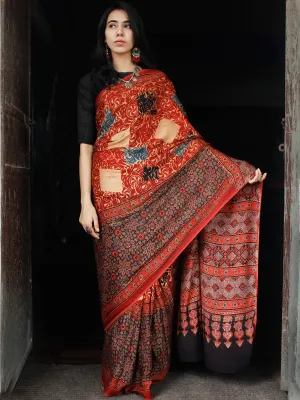 Red Beige Black Ajrakh Hand Block Printed Modal Silk Saree in Natural Colors - S031703356