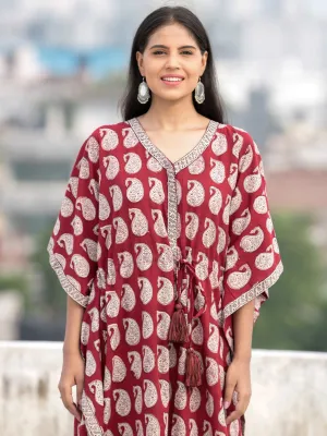 Red Beige Black Hand Block Printed Kaftan - K004F1716