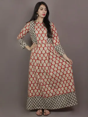 Red Beige Black Hand Block Printed Long Cotton Dress With Box Pleats & Side Pockets - D2522602