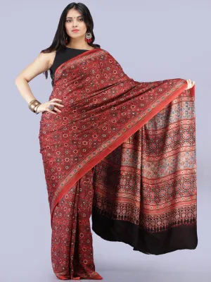 Red Beige Black Indigo Ajrakh Hand Block Printed Modal Silk Saree - S031704266