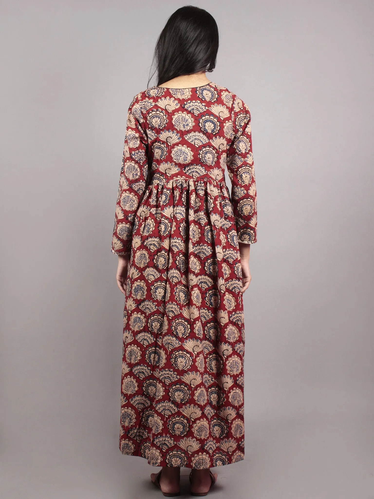 Red Beige Blue Black Hand Block Printed Cotton Dress With Box Pleats - D5958701