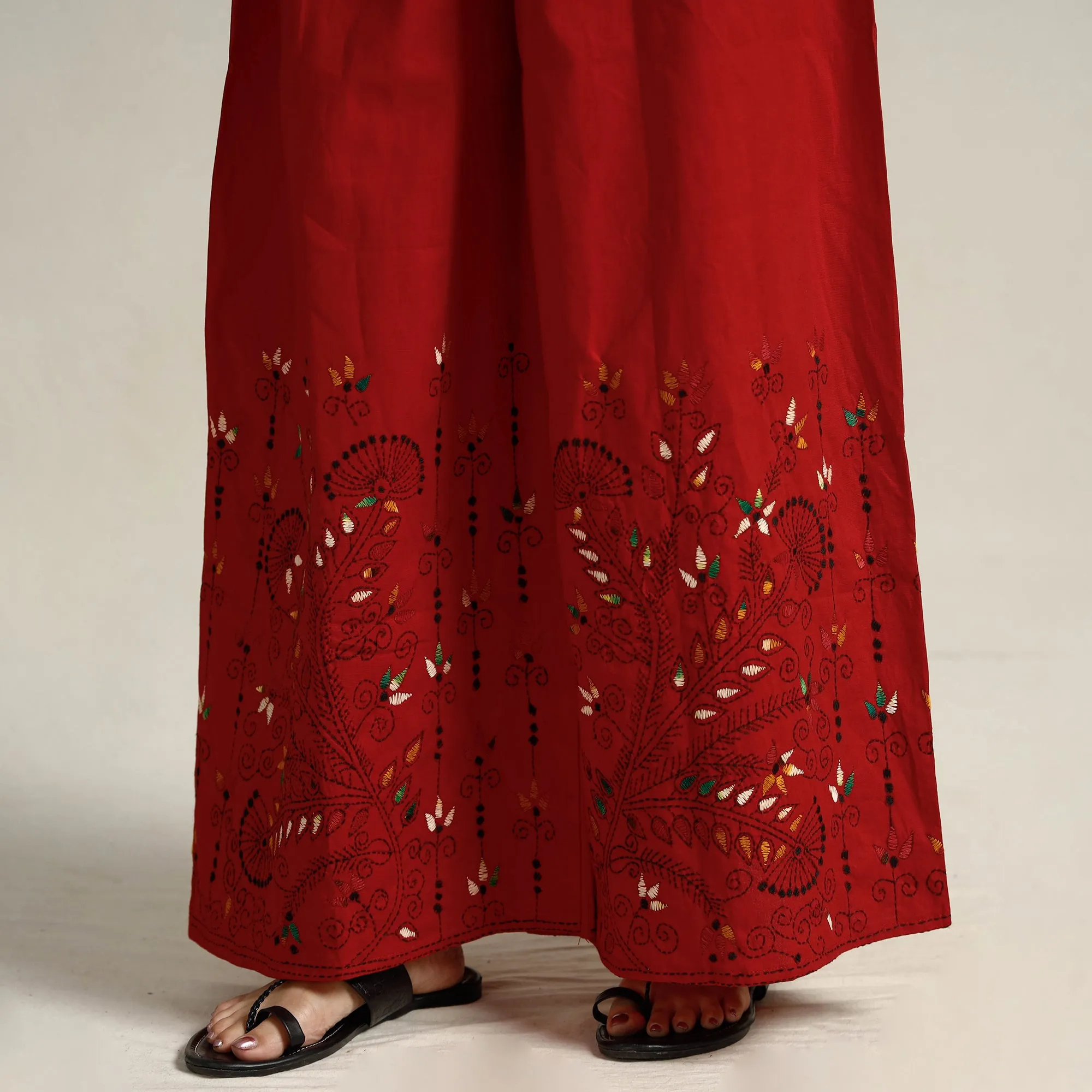 Red - Bengal Kantha Embroidered Pure Cotton Palazzo 27