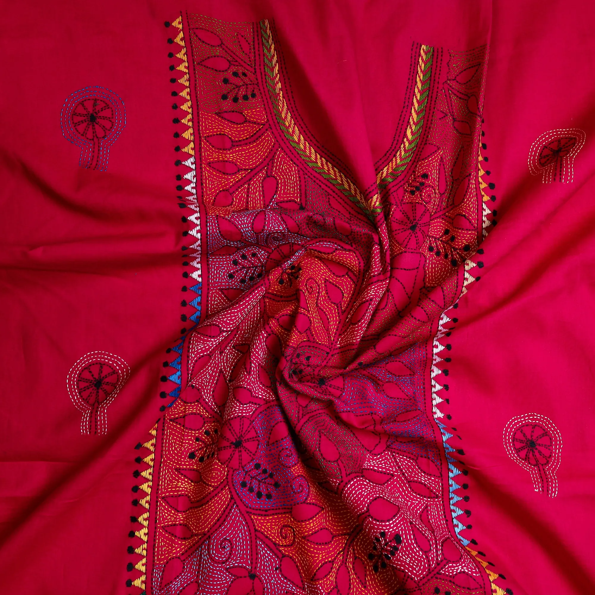 Red - Bengal Kantha Embroidery Cotton Kurta Material - (2.8m) 34