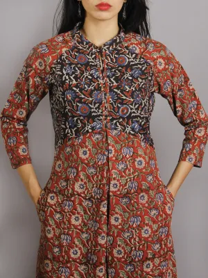 Red Black Beige Blue Green Hand Block Printed Long Cotton Dress With Mandarin Collar- D3457901