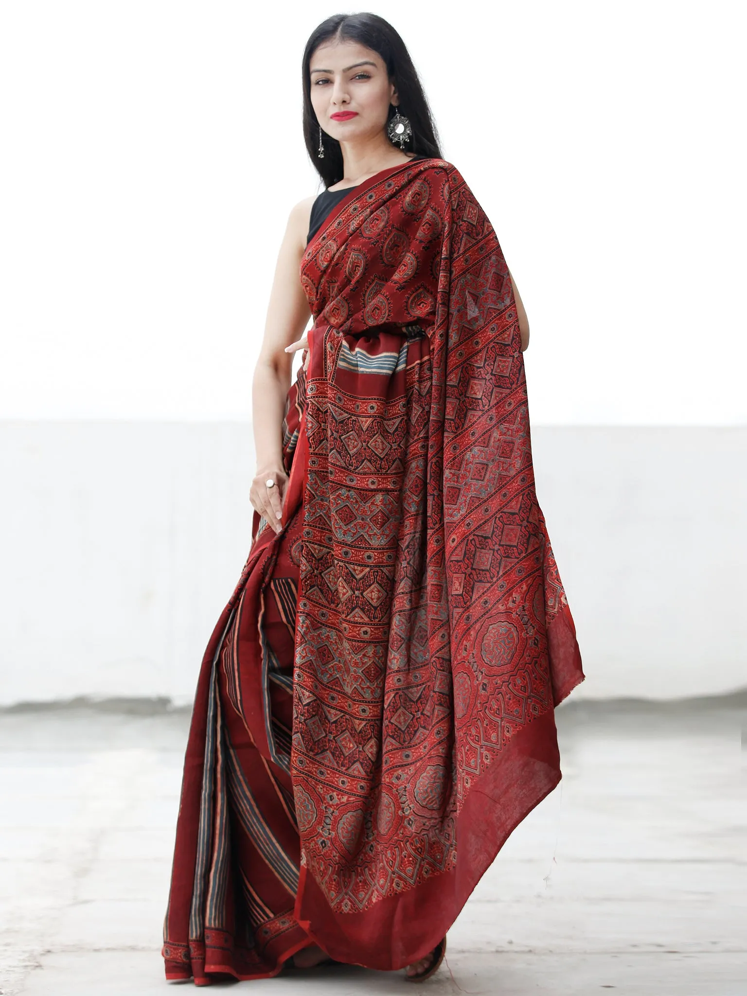 Red Black Beige Indigo Maroon Ajrakh Hand Block Printed Modal Silk Saree in Natural Colors - S031703696