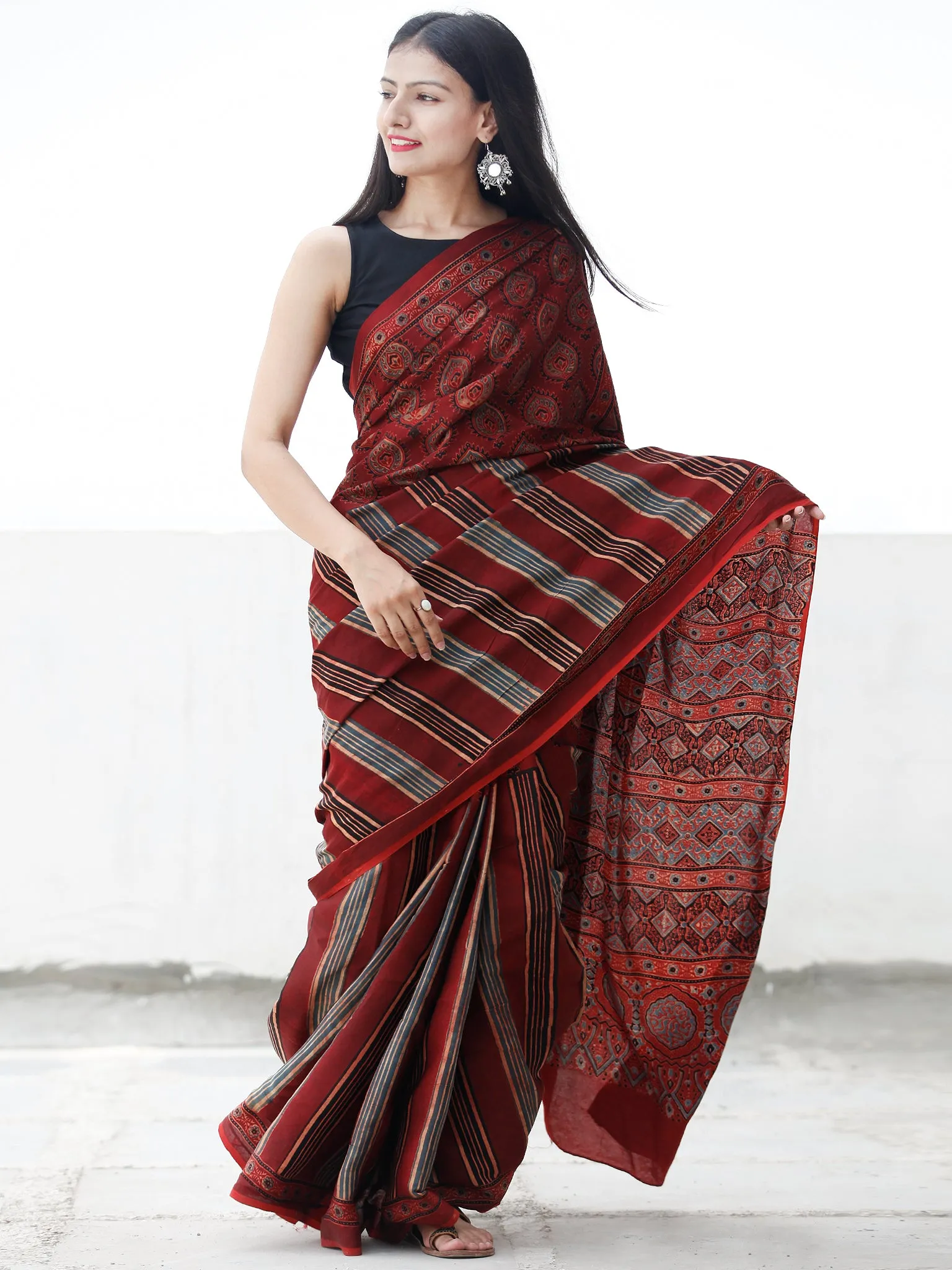 Red Black Beige Indigo Maroon Ajrakh Hand Block Printed Modal Silk Saree in Natural Colors - S031703696