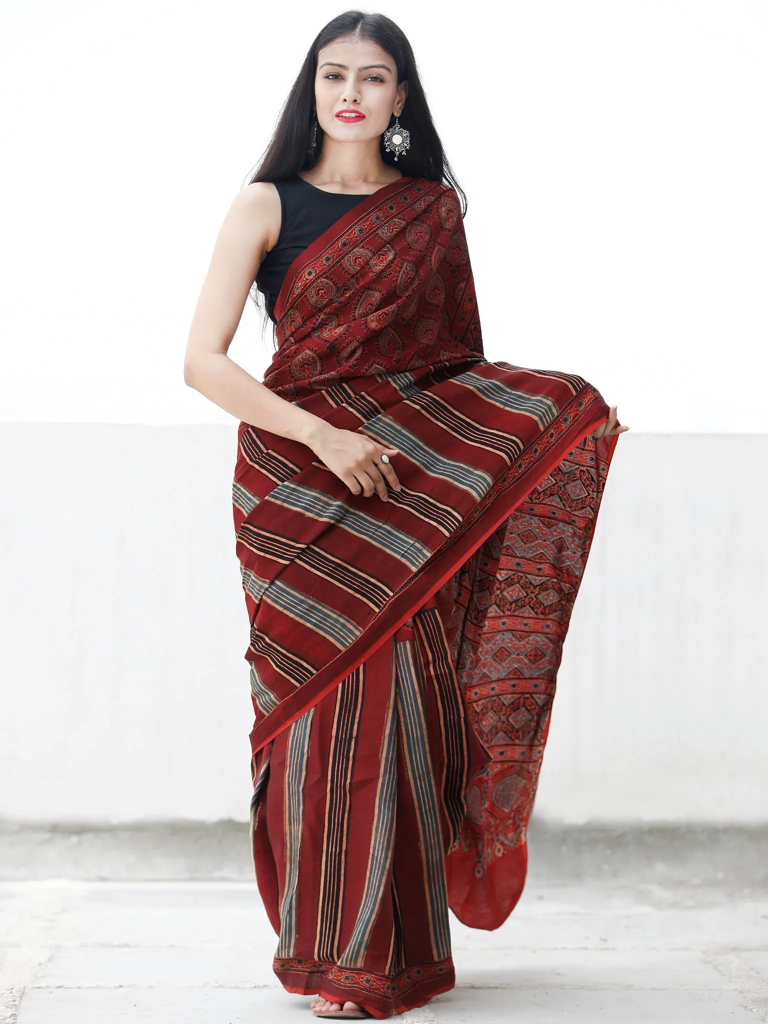 Red Black Beige Indigo Maroon Ajrakh Hand Block Printed Modal Silk Saree in Natural Colors - S031703696