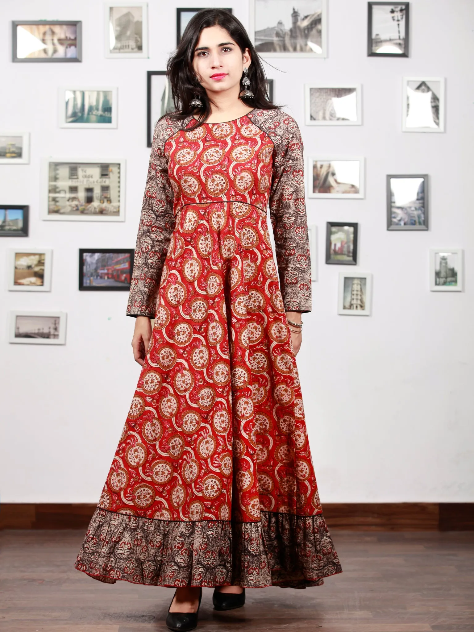 Red Black Biege Ivory  Long Hand Block Printed Cotton Dress With Frills  - D06F1387