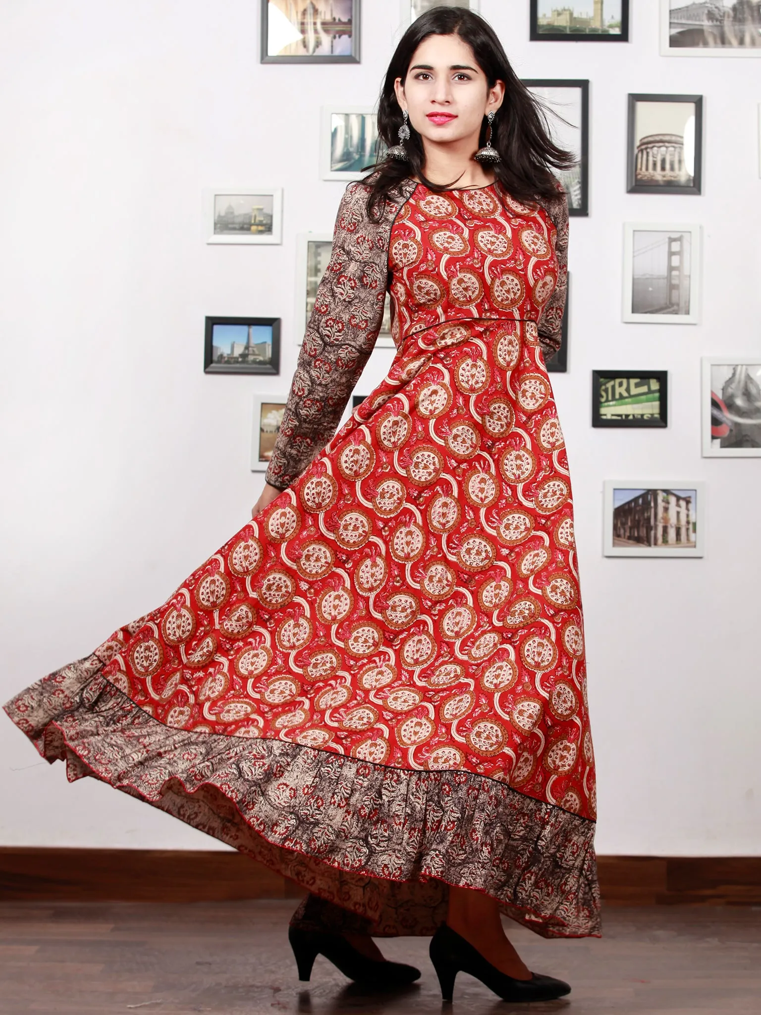 Red Black Biege Ivory  Long Hand Block Printed Cotton Dress With Frills  - D06F1387