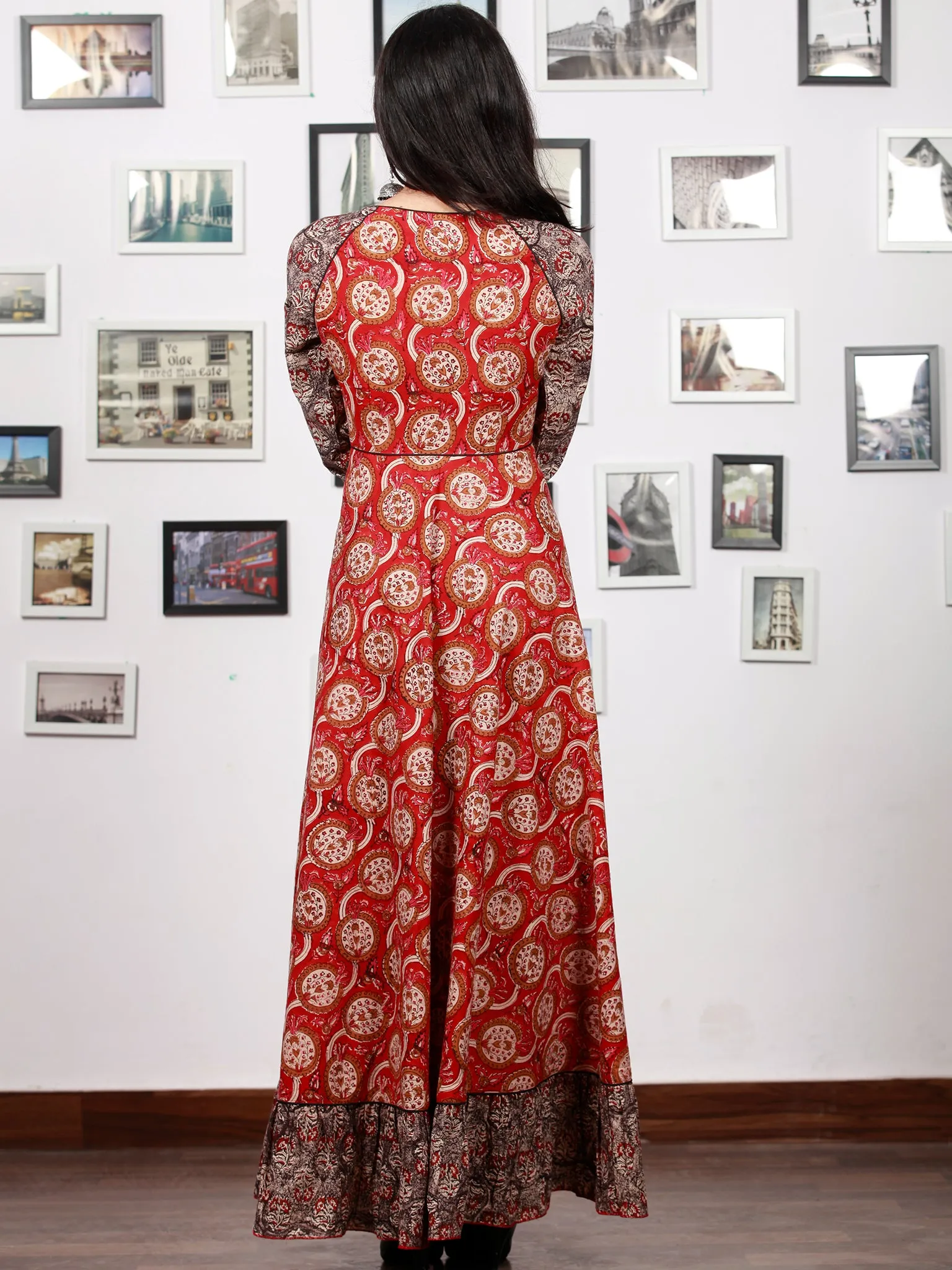 Red Black Biege Ivory  Long Hand Block Printed Cotton Dress With Frills  - D06F1387