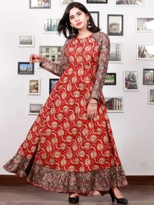 Red Black Biege Ivory  Long Hand Block Printed Cotton Dress With Frills  - D06F1387