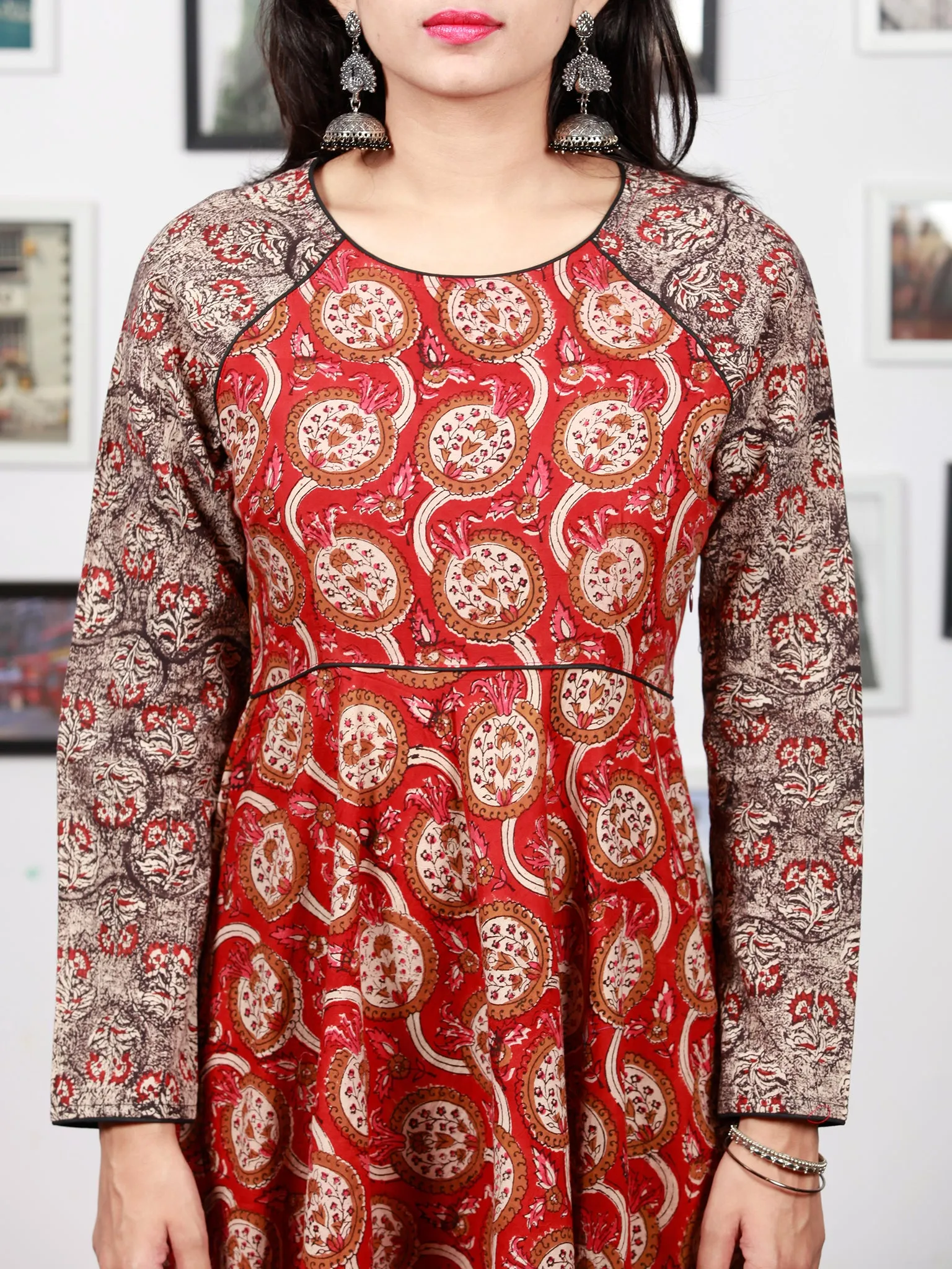 Red Black Biege Ivory  Long Hand Block Printed Cotton Dress With Frills  - D06F1387