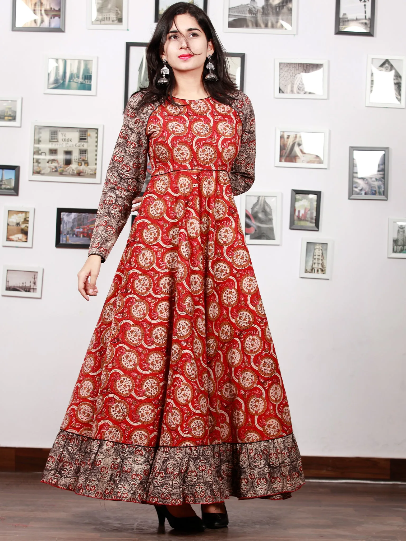 Red Black Biege Ivory  Long Hand Block Printed Cotton Dress With Frills  - D06F1387