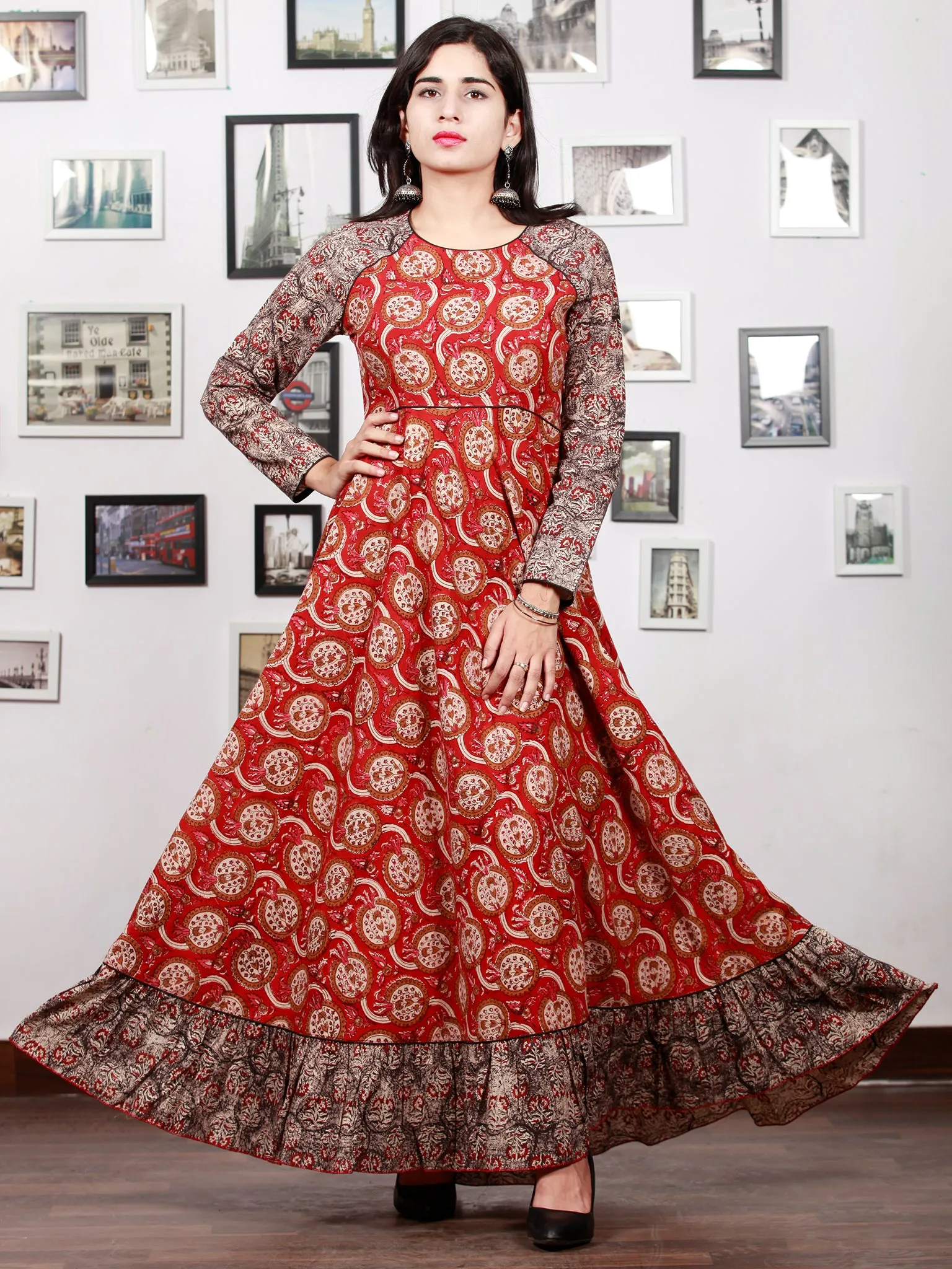 Red Black Biege Ivory  Long Hand Block Printed Cotton Dress With Frills  - D06F1387