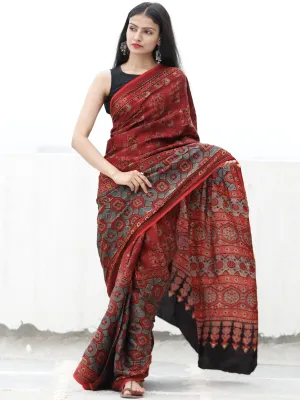 Red Black Blue Beige Ajrakh Hand Block Printed Modal Silk Saree in Natural Colors - S031703723