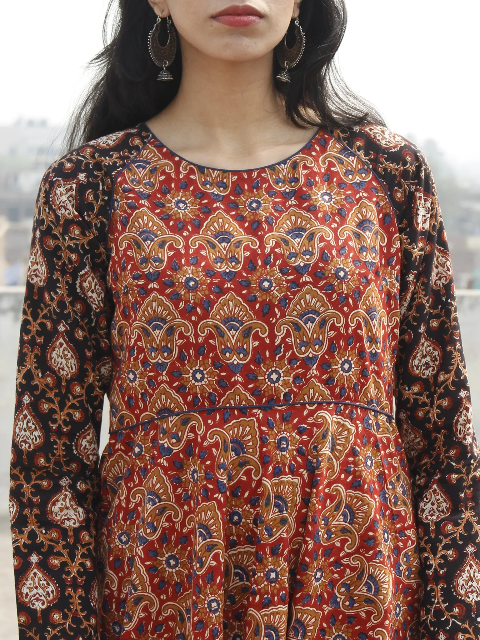 Red Black Mustard Indigo Ivory  Long Hand Block Printed Cotton Dress With Frills  - D06F888