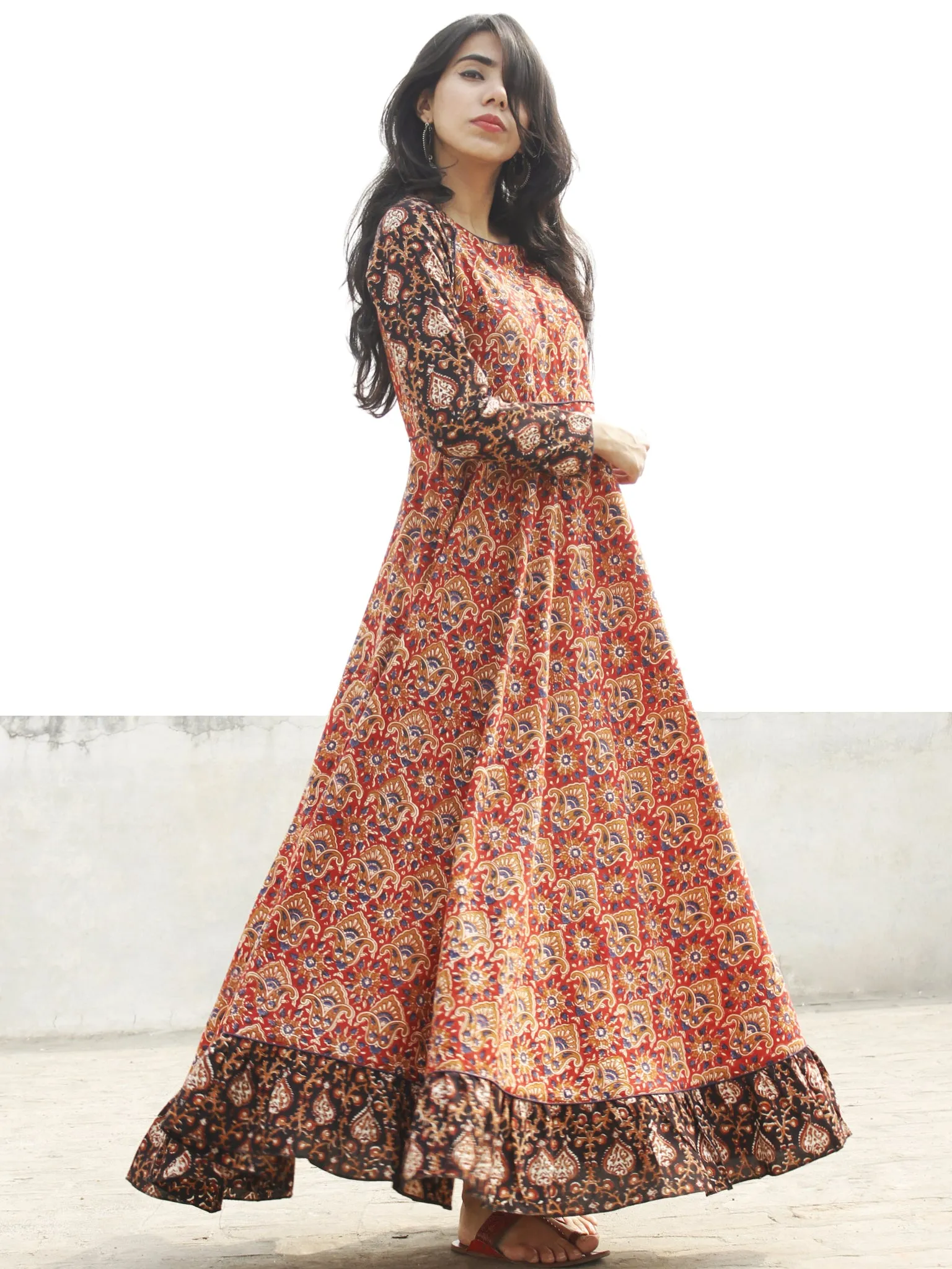 Red Black Mustard Indigo Ivory  Long Hand Block Printed Cotton Dress With Frills  - D06F888