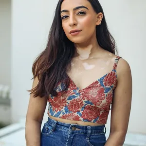 Red-blue floral crop top