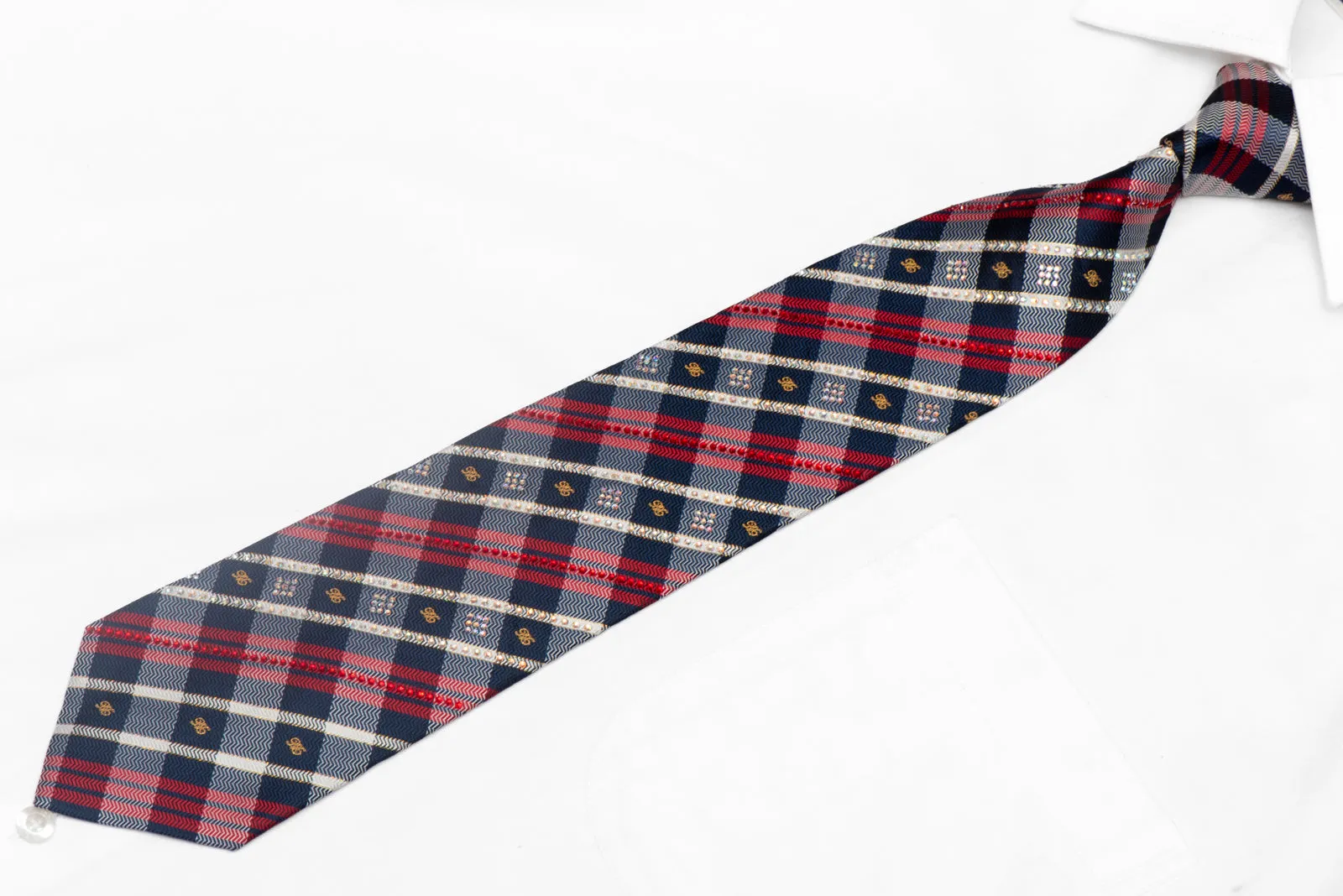 Red Blue Plaid Rhinestone Silk Necktie With Silver Sparkles