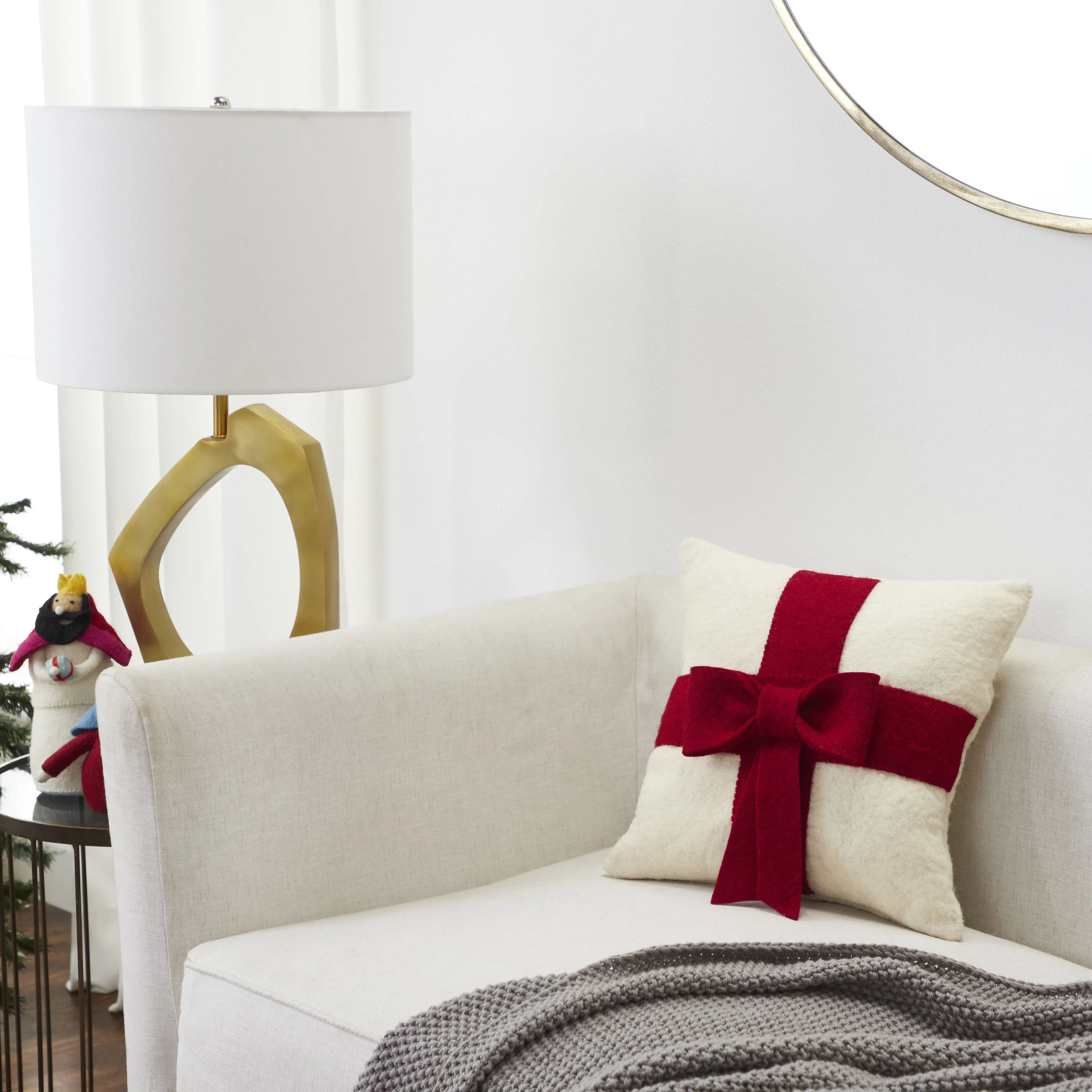 Red Bow on Cream - Christmas Pillow Cover in Hand Felted Wool - 14"