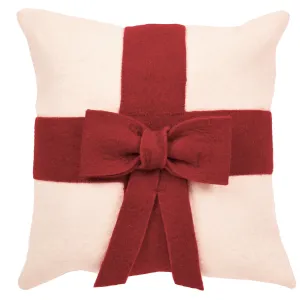 Red Bow on Cream - Christmas Pillow Cover in Hand Felted Wool - 14"