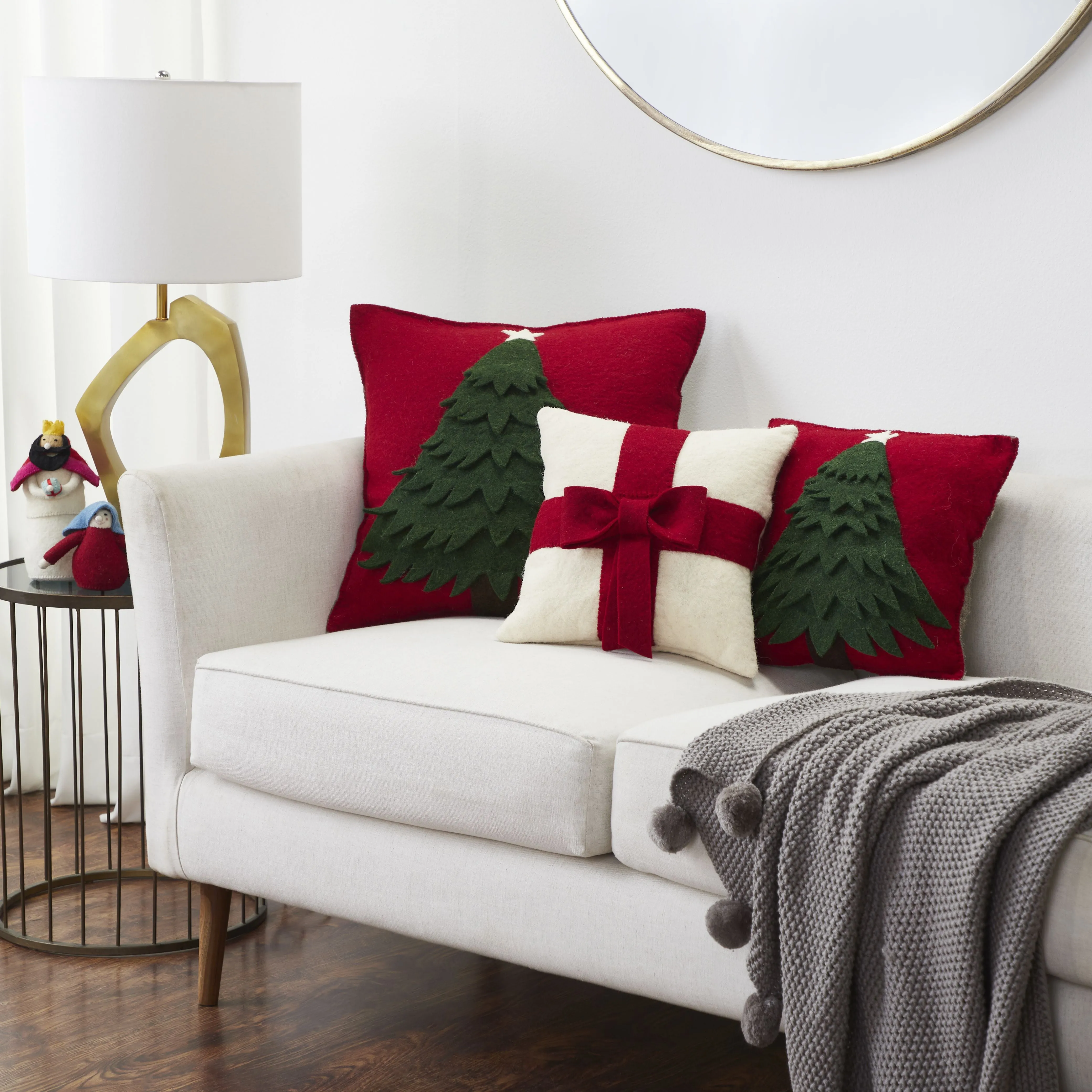 Red Bow on Cream - Christmas Pillow Cover in Hand Felted Wool - 14"