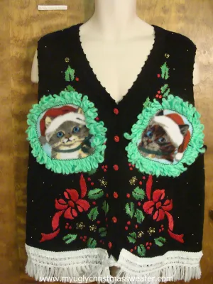 Red Bows and Holly Ugly Christmas Cat Sweater Vest