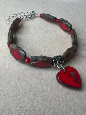 Red, bronze and silver Bracelet with Flower Heart Pendant