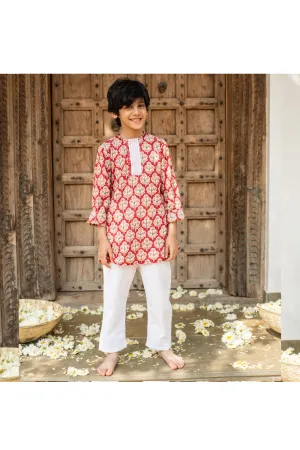 Red Buti Printed Cotton Kurta With Pyjama Set