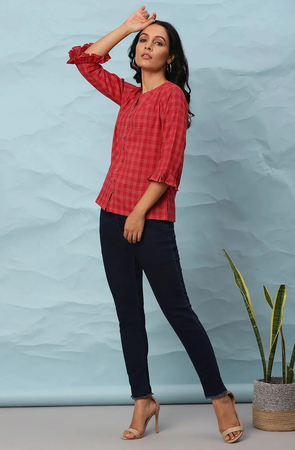 Red Checks Style Cotton Top