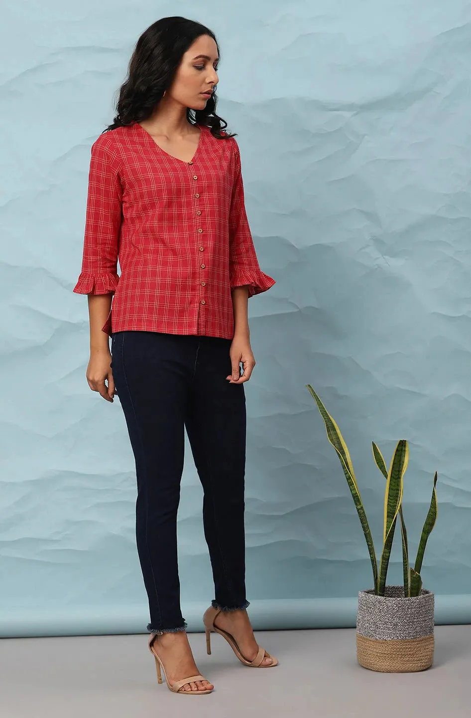 Red Checks Style Cotton Top