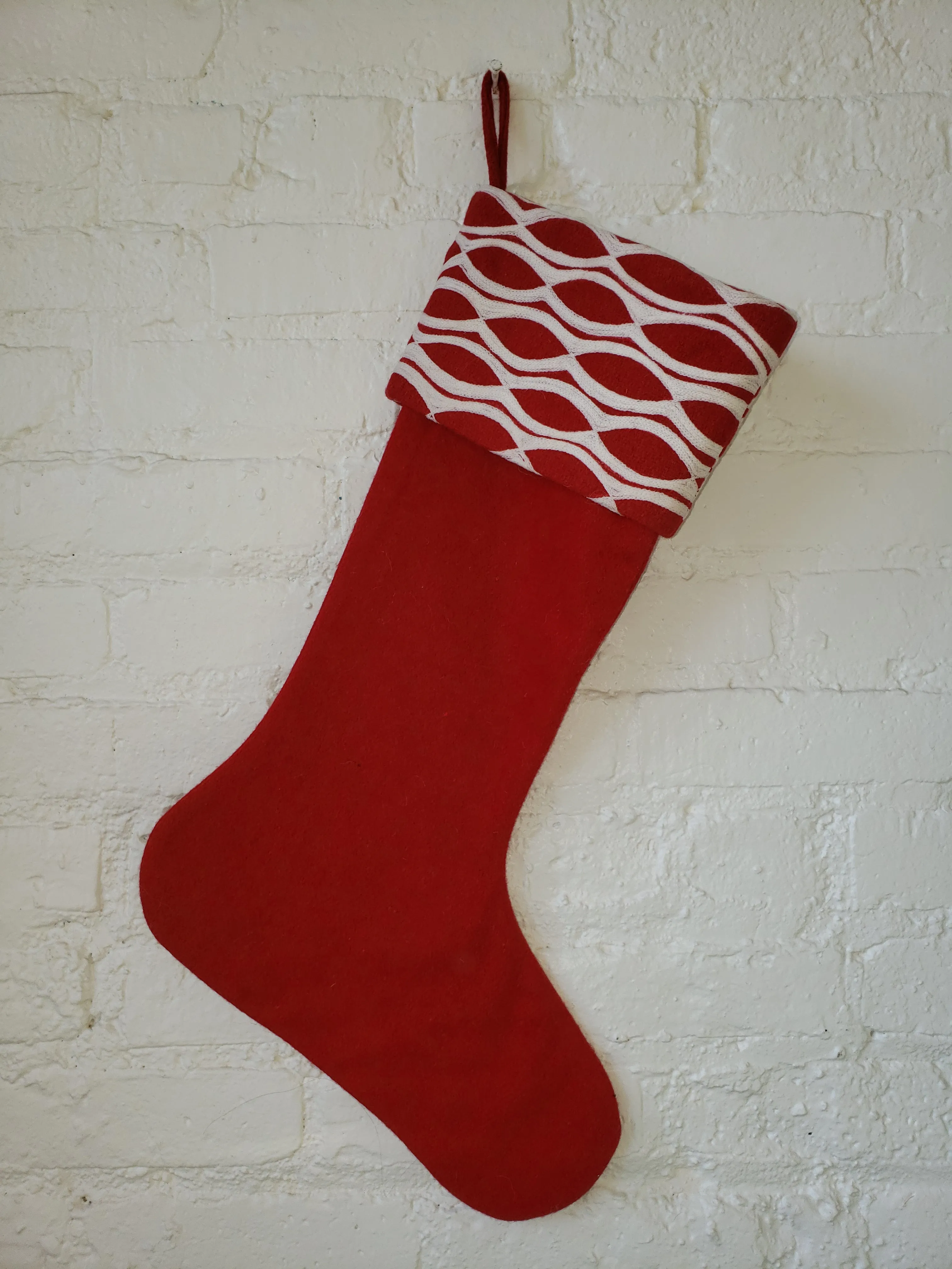 Red Christmas Stocking  with Oval Design Crewel Cuff in Recycled Wool