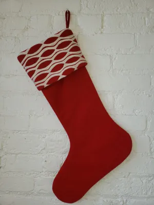 Red Christmas Stocking  with Oval Design Crewel Cuff in Recycled Wool