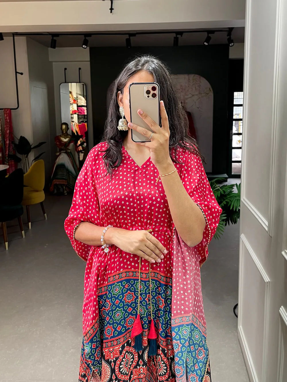 Red Color Ajrakh Printed Gaji Silk Kaftan