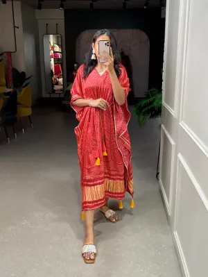 Red Color Digital Bandhej Printed Gaji Silk Kaftan