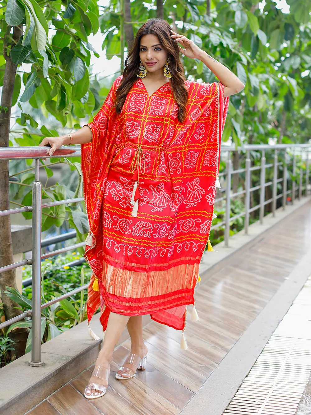 Red Color Digital Bandhej Printed Pure Gaji Silk Kaftan